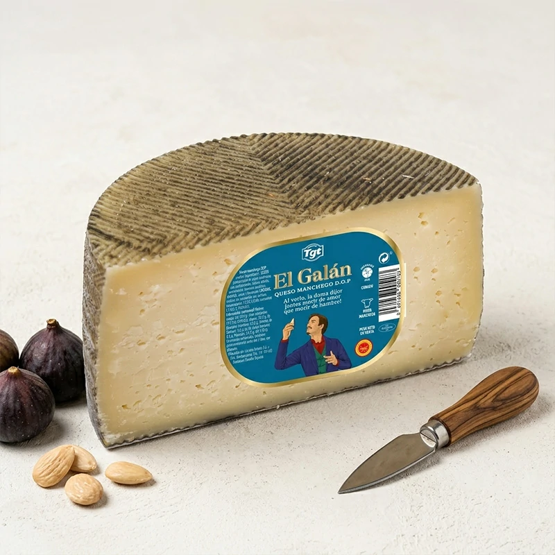 Queso manchego curado DOP El Galán elaborado con leche de oveja manchega en cuña o pieza tradicional.