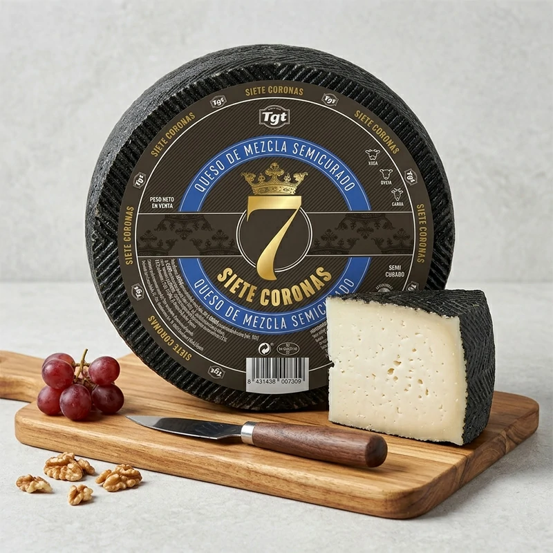 queso semicurado mezcla 7 Coronas tres leches en cuña con corteza natural y textura cremosa interior
