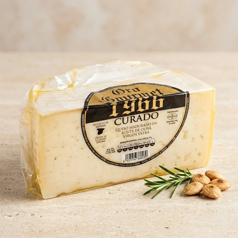 queso curado de oveja madurado en aceite de oliva Oro Gourmet 1966 pieza gourmet amarilla marfil