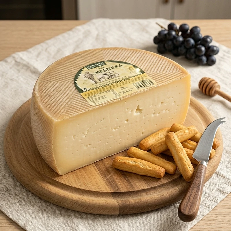 Cuña de queso de oveja tostado La Mesnera de Lácteos Cuquerella (Manzanares) sobre tabla de madera con acompañamiento gourmet.