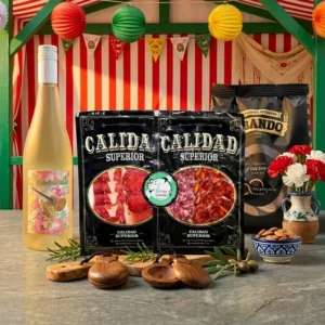 lote ibérico gourmet con vino frizzante para Feria de Abril con jamón, lomo, chorizo, salchichón y picos artesanos.